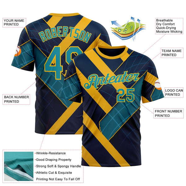 Custom Blue Teal-Yellow 3D Pattern Design Brazil Geometric Shape Sportswear Performance T-Shirt alternate