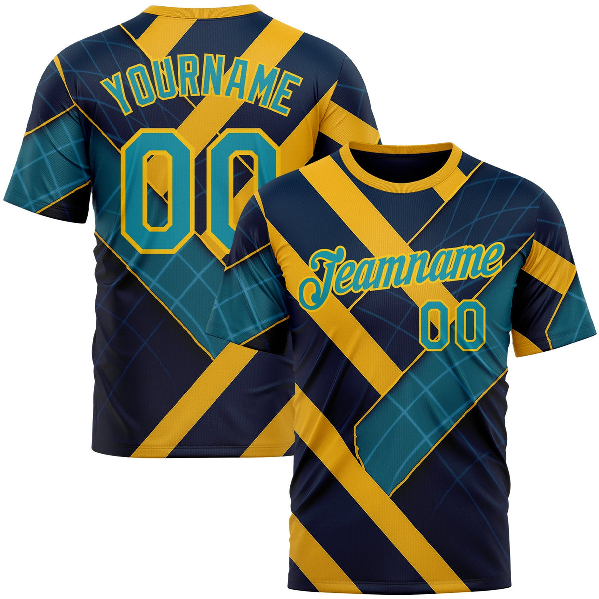 Custom Blue Teal-Yellow 3D Pattern Design Brazil Geometric Shape Sportswear Performance T-Shirt