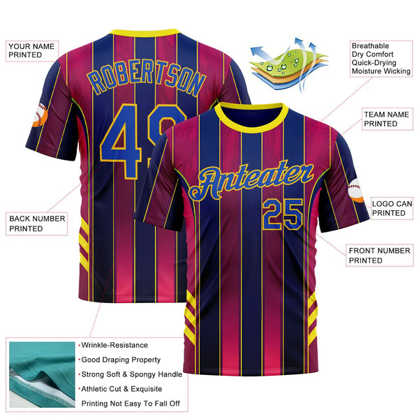 Custom Red Thunder Blue Blue-Yellow 3D Pattern Design Stripe Sportswear Performance T-Shirt alternate