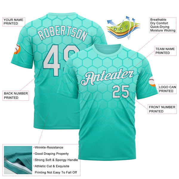 Custom Green White-Teal 3D Pattern Design Geometric Honeycomb Shape Sportswear Performance T-Shirt alternate