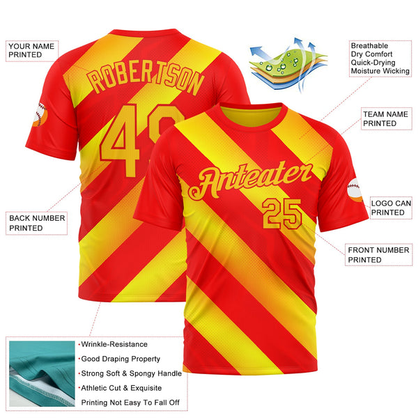 Custom Red Yellow-Fire Red 3D Pattern Design Spain Stripe Sportswear Performance T-Shirt alternate