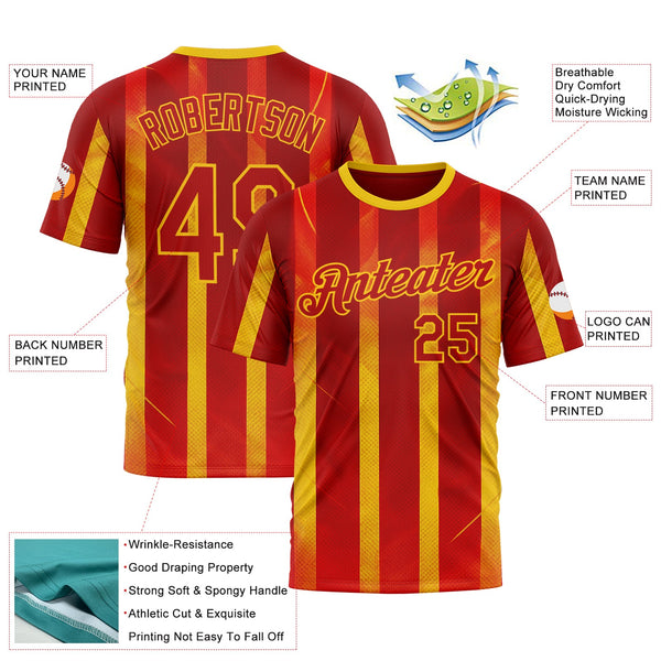 Custom Red Yellow 3D Pattern Design Spain Stripe Sportswear Performance T-Shirt alternate