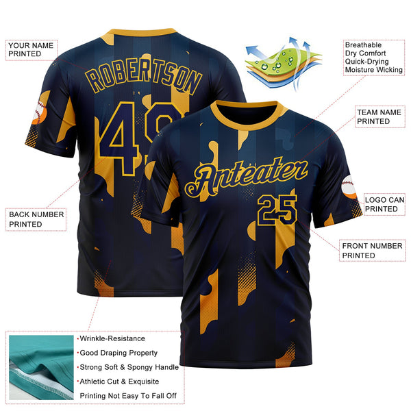 Custom Blue Navy-Yellow 3D Pattern Design Geometric Shape Stripe Sportswear Performance T-Shirt alternate