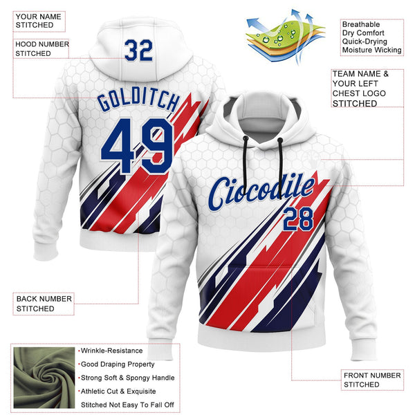 Custom Stitched White Royal-Red 3D Pattern Design American Inspired Abstract Geometric Honeycomb Shape Sportswear Pullover Sweatshirt Hoodie alternate