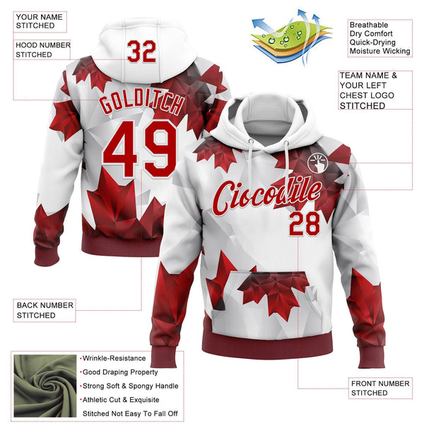 Custom Stitched White Red 3D Pattern Design Canada Maple Sportswear Pullover Sweatshirt Hoodie alternate