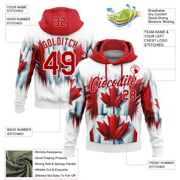 Custom Stitched White Red 3D Pattern Design Canada Maple Sportswear Pullover Sweatshirt Hoodie alternate