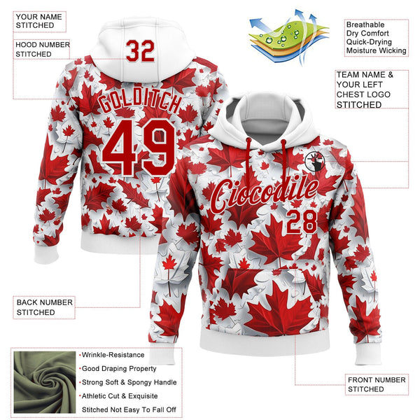 Custom Stitched White Red 3D Pattern Design Canada Maple Sportswear Pullover Sweatshirt Hoodie alternate
