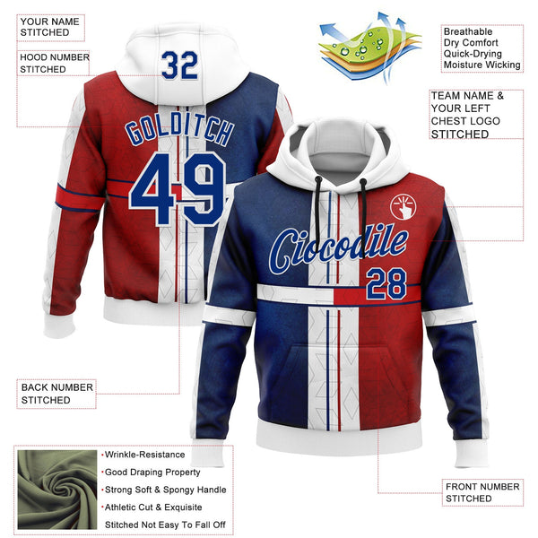 Custom Stitched White Royal Blue-Red 3D Pattern Design American Inspired Geometric Shape Sportswear Pullover Sweatshirt Hoodie alternate