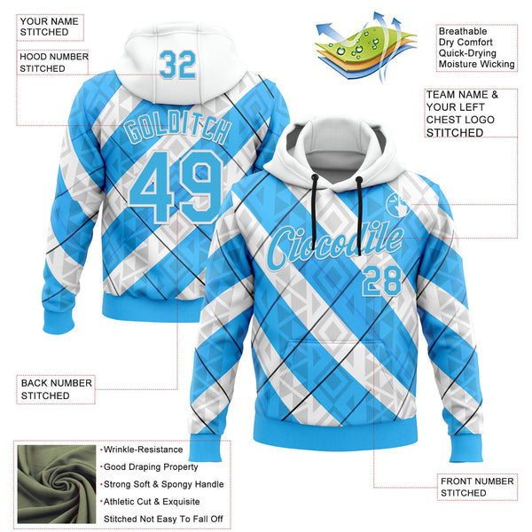 Custom Stitched White Sky Blue Black-Blue 3D Pattern Design Argentine Inspired Geometric Tribal Shape Sportswear Pullover Sweatshirt Hoodie alternate