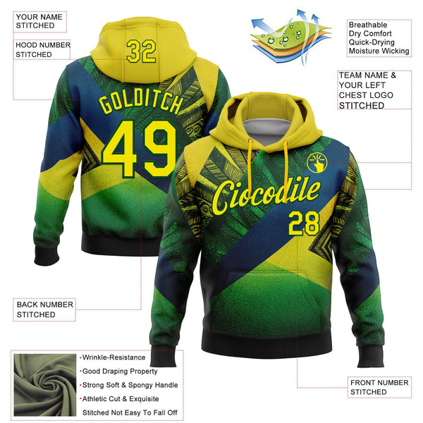 Custom Stitched Green Light Yellow-Blue 3D Pattern Design Brazil Inspired Geometric Tribal Sportswear Pullover Sweatshirt Hoodie alternate