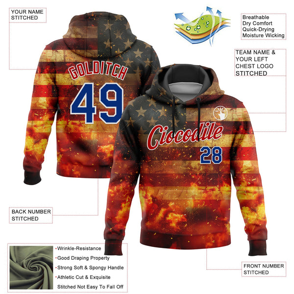 Custom Stitched Red Royal-White 3D American Flag Retro Distressed Flame Grunge Sports Pullover Sweatshirt Hoodie alternate