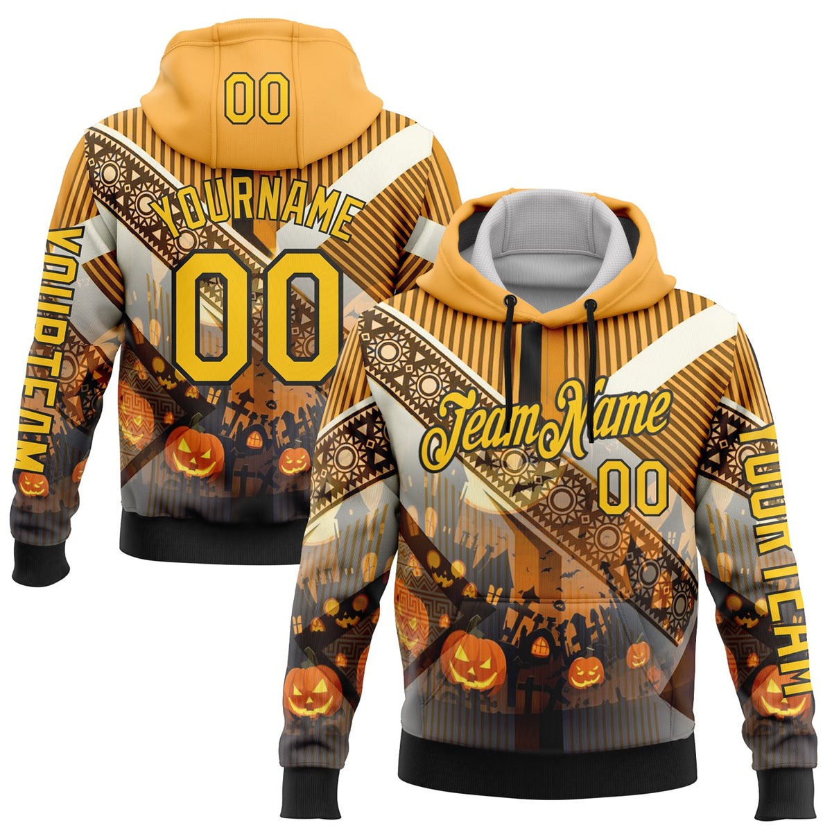 Custom Yellow Black 3D Halloween Pumpkin Spooky Stripe Sports Pullover Sweatshirt Hoodie