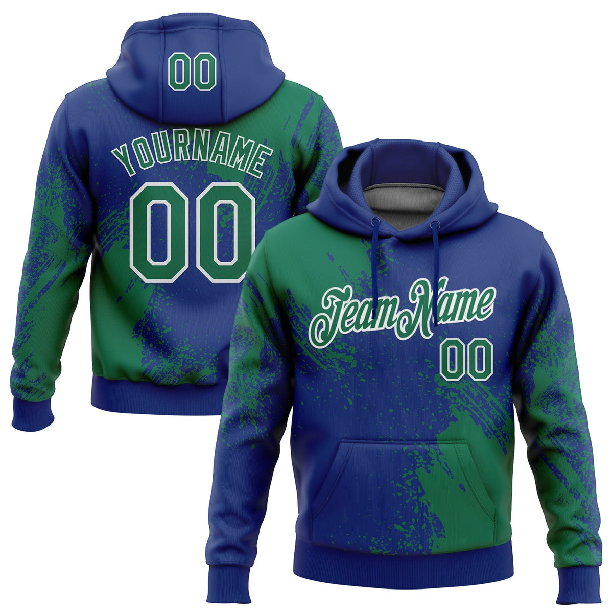 Custom Stitched Royal Kelly Green-White 3D Pattern Design Abstract Brush Stroke Sports Pullover Sweatshirt Hoodie