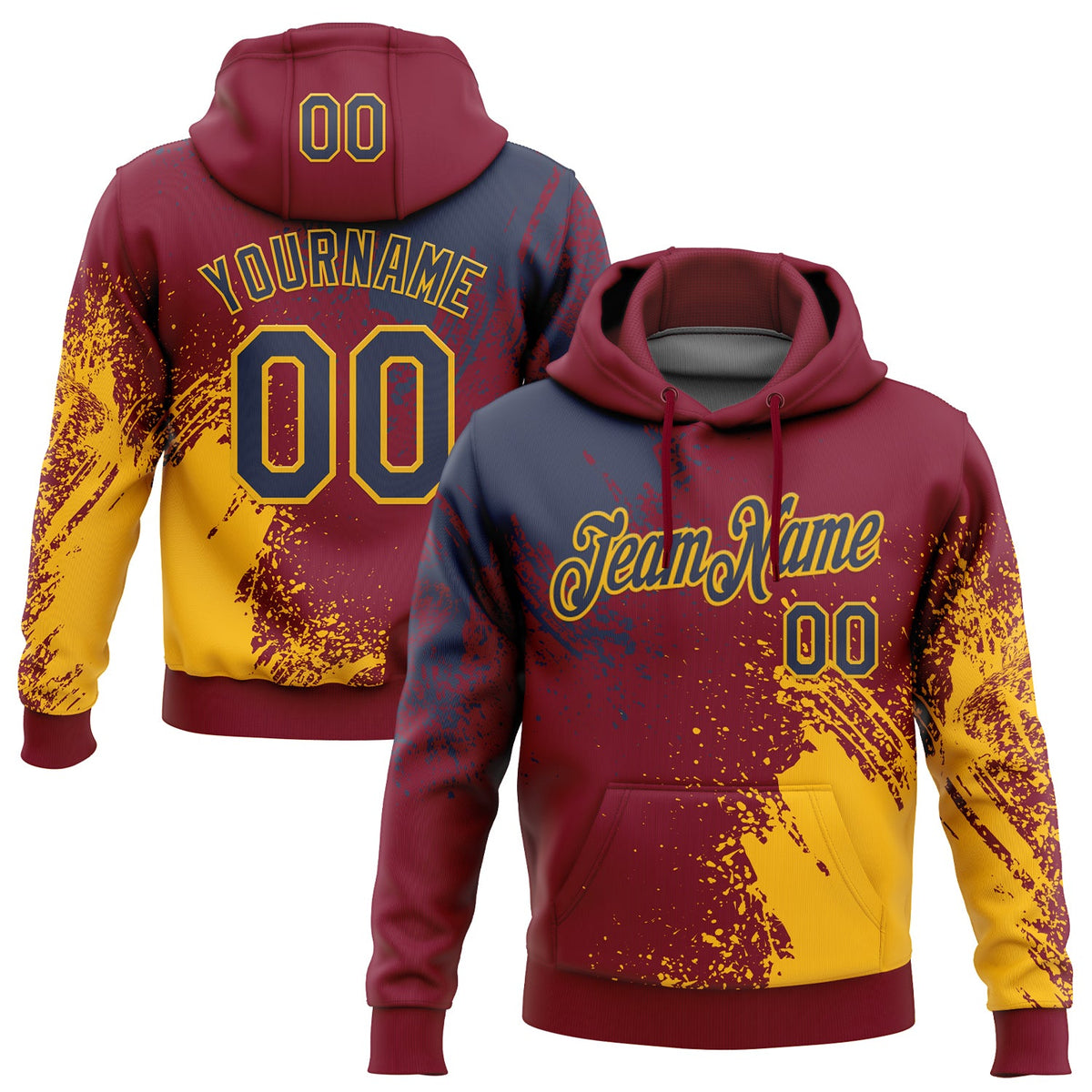 Custom Stitched Crimson Navy-Gold 3D Pattern Design Abstract Brush Stroke Sports Pullover Sweatshirt Hoodie