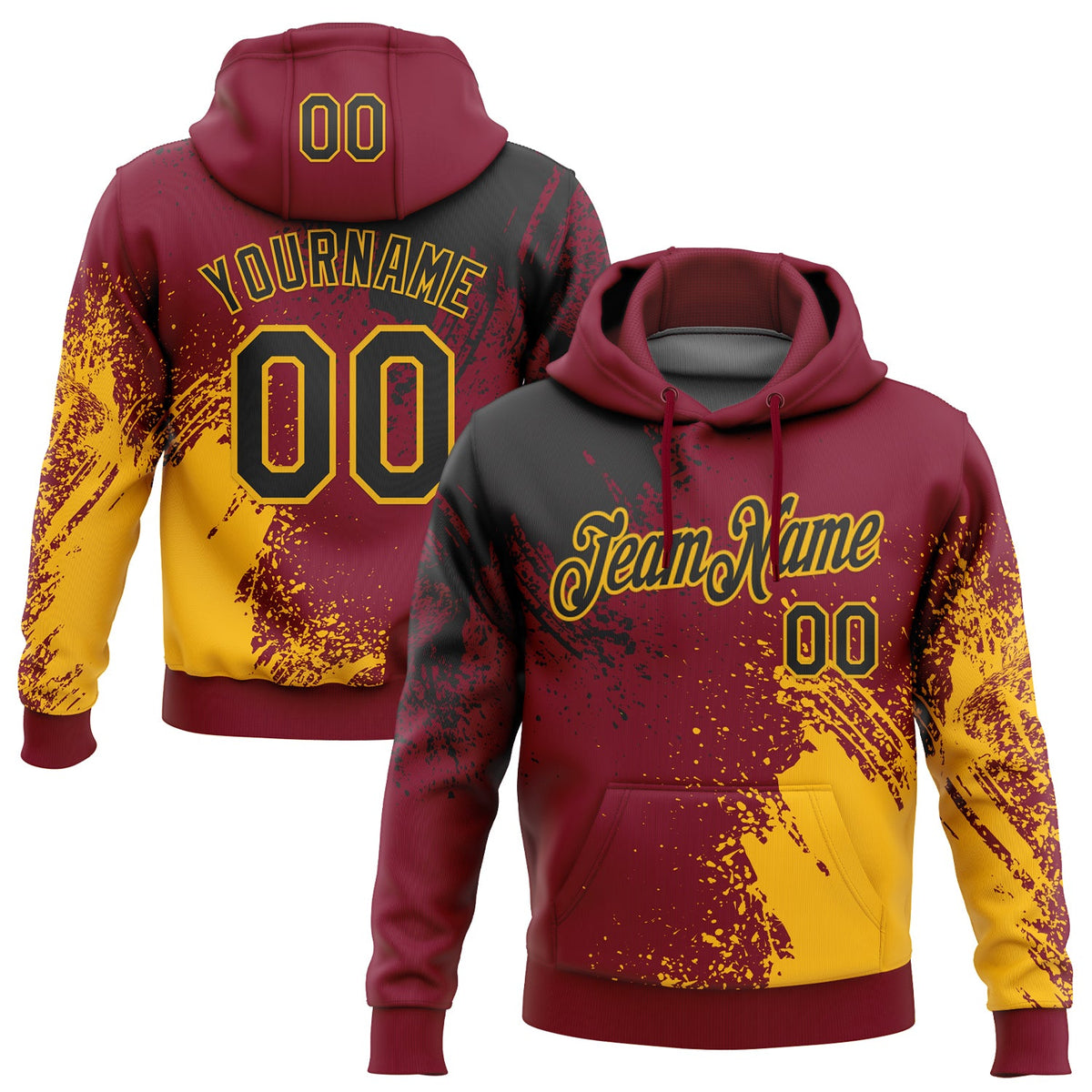Custom Stitched Crimson Black-Gold 3D Pattern Design Abstract Brush Stroke Sports Pullover Sweatshirt Hoodie