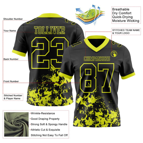 Custom Black Neon Yellow 3D Pattern Splash Authentic Football Jersey alternate