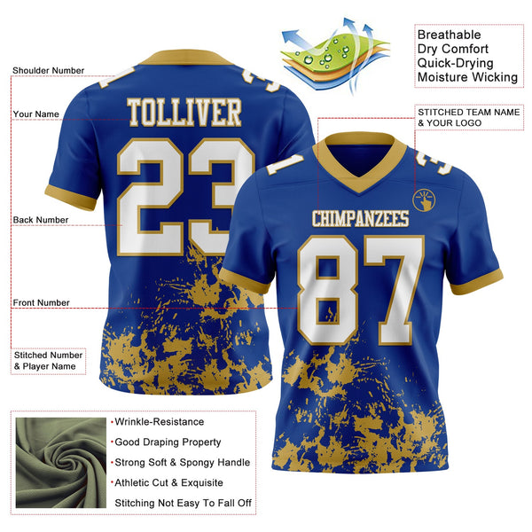 Custom Royal White-Old Gold 3D Pattern Splash Authentic Football Jersey alternate