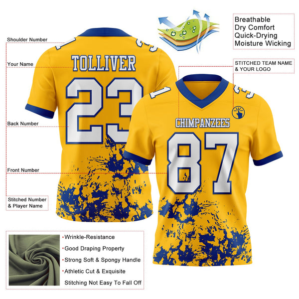 Custom Gold White-Royal 3D Pattern Splash Authentic Football Jersey alternate
