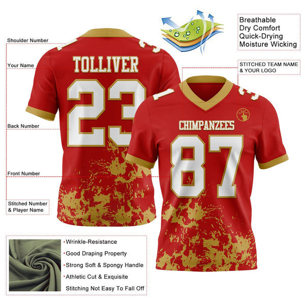 Custom Red White-Old Gold 3D Pattern Splash Authentic Football Jersey alternate