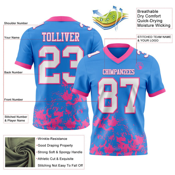 Custom Powder Blue White-Pink 3D Pattern Splash Authentic Football Jersey alternate