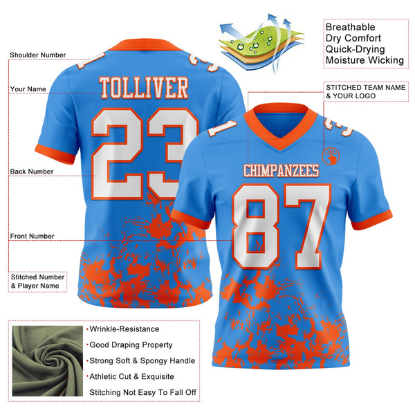 Custom Powder Blue White-Orange 3D Pattern Splash Authentic Football Jersey alternate