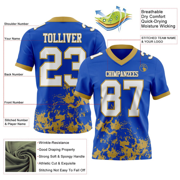 Custom Thunder Blue White-Old Gold 3D Pattern Splash Authentic Football Jersey alternate