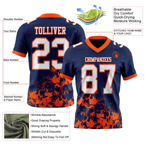 Custom Navy White-Orange 3D Pattern Splash Authentic Football Jersey alternate