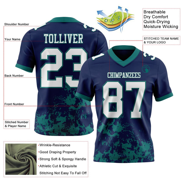 Custom Navy White-Teal 3D Pattern Splash Authentic Football Jersey alternate