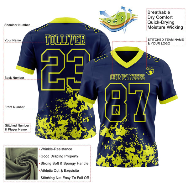 Custom Navy Neon Yellow 3D Pattern Splash Authentic Football Jersey alternate