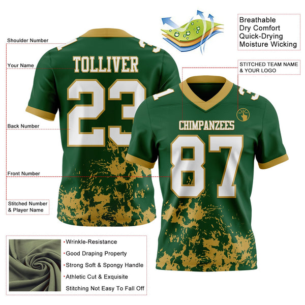 Custom Green White-Old Gold 3D Pattern Splash Authentic Football Jersey alternate