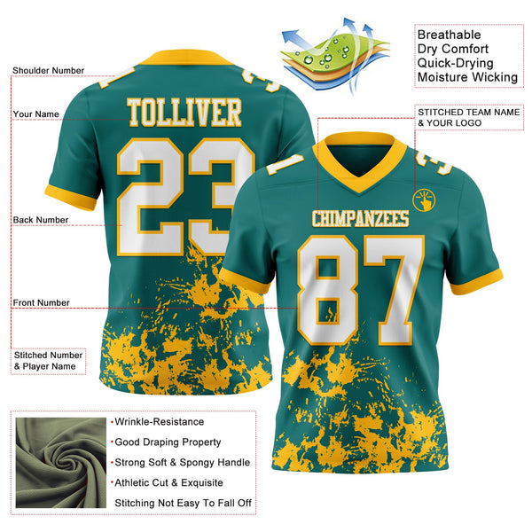 Custom Teal White-Gold 3D Pattern Splash Authentic Football Jersey alternate