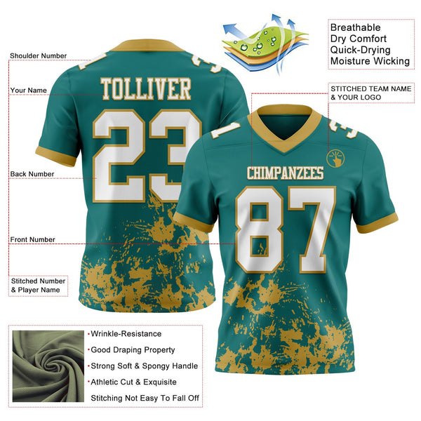 Custom Teal White-Old Gold 3D Pattern Splash Authentic Football Jersey alternate