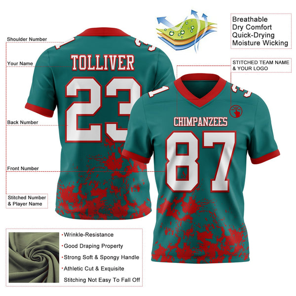 Custom Teal White-Red 3D Pattern Splash Authentic Football Jersey alternate