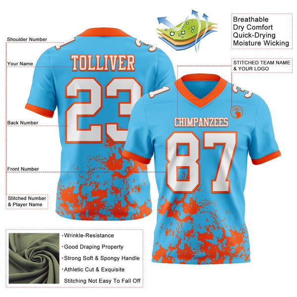 Custom Sky Blue White-Orange 3D Pattern Splash Authentic Football Jersey alternate