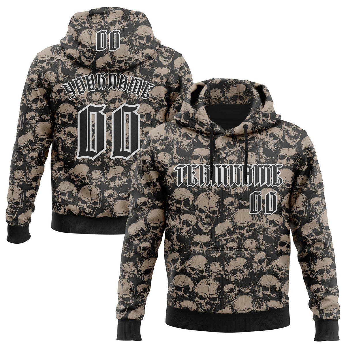 Custom Black White 3D Skull Gothic Vintage Grunge Art Sports Pullover Sweatshirt Hoodie