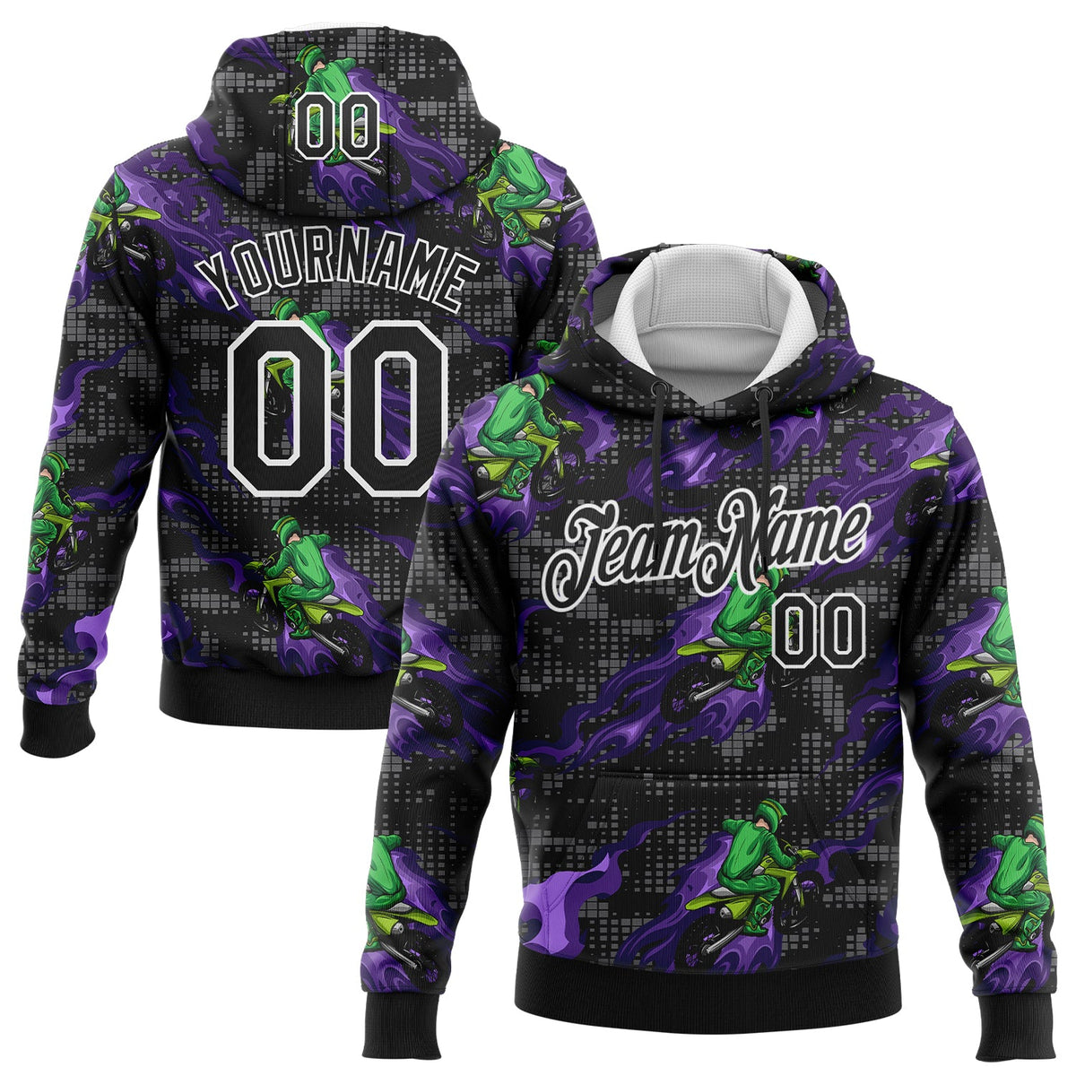Custom Stitched Black White 3D Pattern Design Flame Motorcycle Motocross Racing Sports Pullover Sweatshirt Hoodie