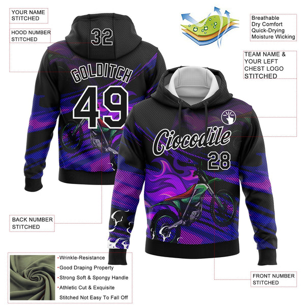 Custom Stitched Black White 3D Pattern Design Flame Motorcycle Motocross Racing Sports Pullover Sweatshirt Hoodie alternate