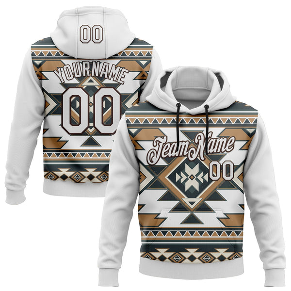 Custom Stitched White Brown 3D Pattern Design Tribal Ethnic Native American Sports Pullover Sweatshirt Hoodie