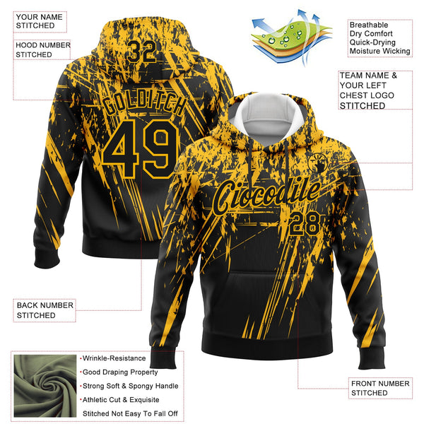 Custom Stitched Black Gold 3D Pattern Design Splash Grunge Art Sports Pullover Sweatshirt Hoodie alternate