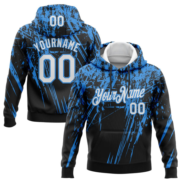 Custom Stitched Black White-Powder Blue 3D Pattern Design Splash Grunge Art Sports Pullover Sweatshirt Hoodie