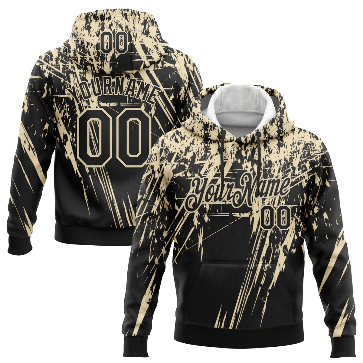 Custom Stitched Black Cream 3D Pattern Design Splash Grunge Art Sports Pullover Sweatshirt Hoodie