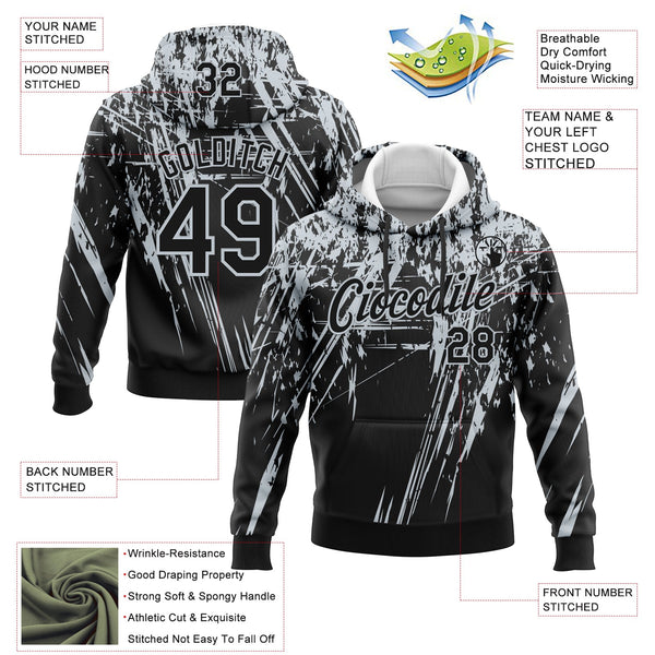 Custom Stitched Black Silver 3D Pattern Design Splash Grunge Art Sports Pullover Sweatshirt Hoodie alternate