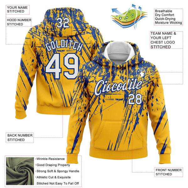 Custom Stitched Gold White-Royal 3D Pattern Design Splash Grunge Art Sports Pullover Sweatshirt Hoodie alternate
