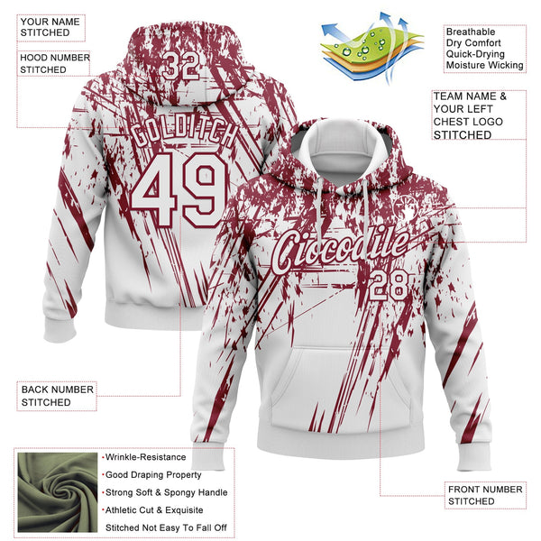 Custom Stitched White Crimson 3D Pattern Design Splash Grunge Art Sports Pullover Sweatshirt Hoodie alternate