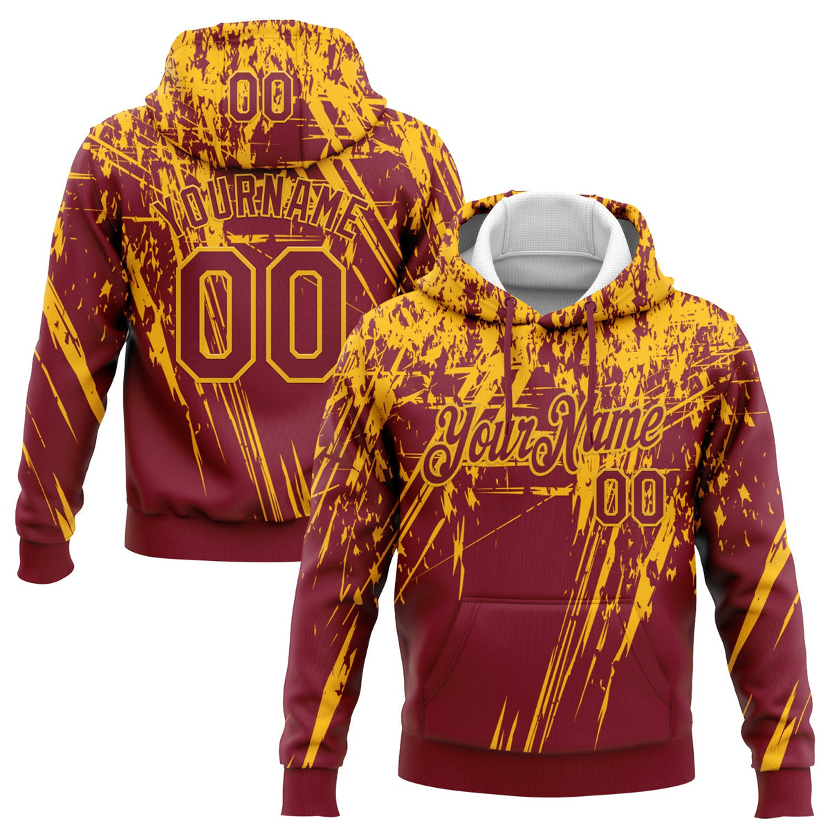 Custom Stitched Crimson Gold 3D Pattern Design Splash Grunge Art Sports Pullover Sweatshirt Hoodie