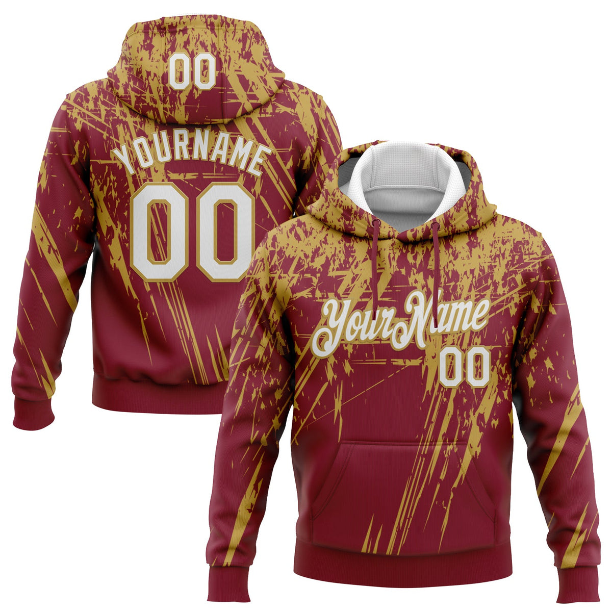 Custom Stitched Crimson White-Old Gold 3D Pattern Design Splash Grunge Art Sports Pullover Sweatshirt Hoodie