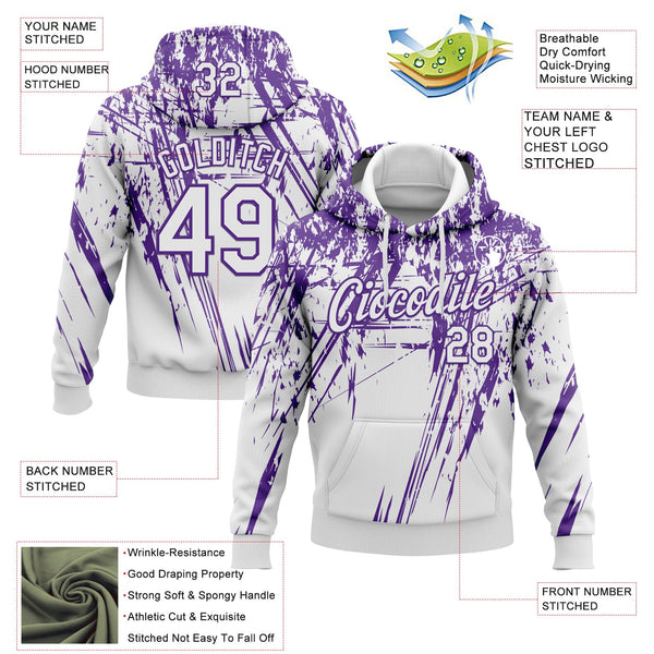 Custom Stitched White Purple 3D Pattern Design Splash Grunge Art Sports Pullover Sweatshirt Hoodie alternate