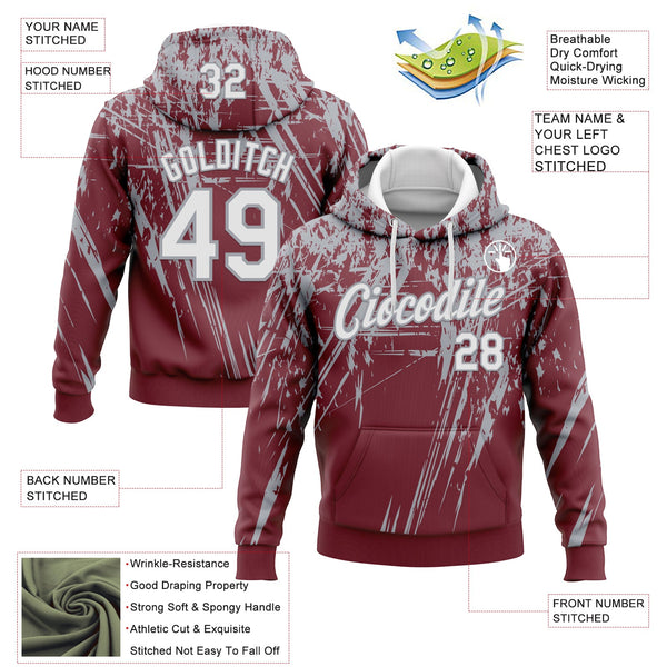 Custom Stitched Burgundy White-Gray 3D Pattern Design Splash Grunge Art Sports Pullover Sweatshirt Hoodie alternate