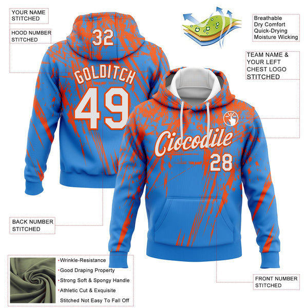 Custom Stitched Powder Blue White-Orange 3D Pattern Design Splash Grunge Art Sports Pullover Sweatshirt Hoodie alternate