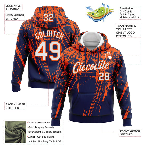 Custom Stitched Navy White-Orange 3D Pattern Design Splash Grunge Art Sports Pullover Sweatshirt Hoodie alternate
